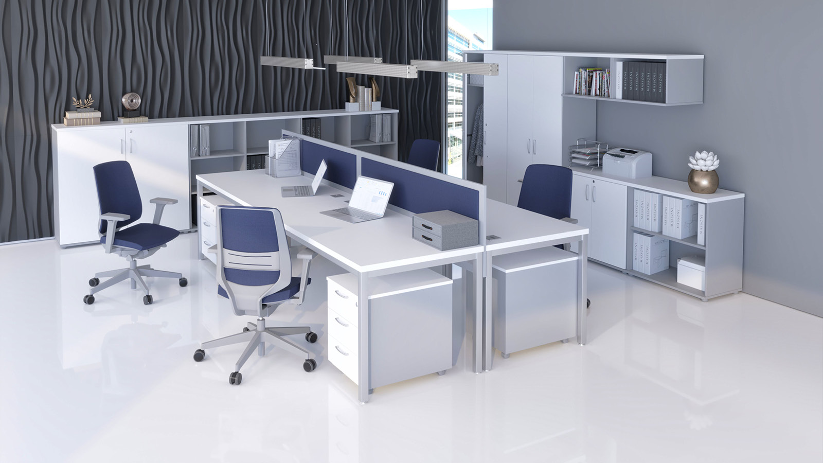 Aranżacja open space - biurka wieloosobowe w kolorze: biały/popiel uzupełnione o panele dzielące, kontenerki, szafy aktowe.
